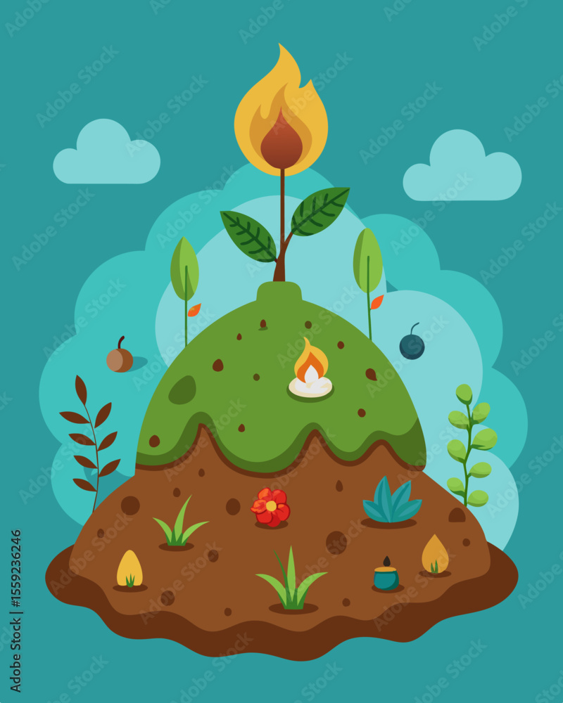 Poster a mound of biomass patiently breaking down with the help of oxygen water and microorganisms to creat