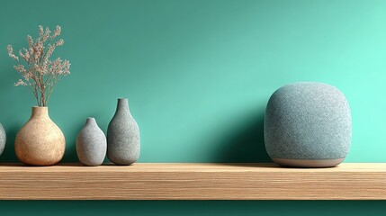 Still life with vases speaker and shelf against teal wall