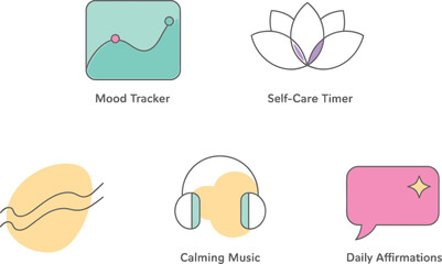 Five app icons for mental health and wellness with soft pastel color schemes shown