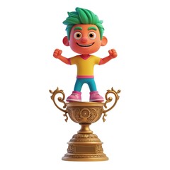 animated character standing on a gold trophy