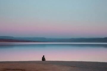serene scene of solitary person sitting at edge of reservoir in morocco during sunset
