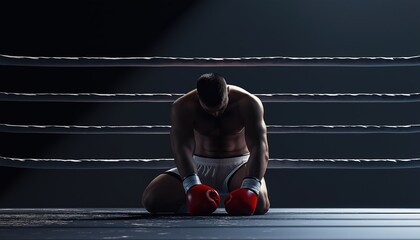 Tired Boxer Takes A Break On Boxing Ring With Black Background In Horizontal Photo. Portrait Of Exhausted Fighter Resting.