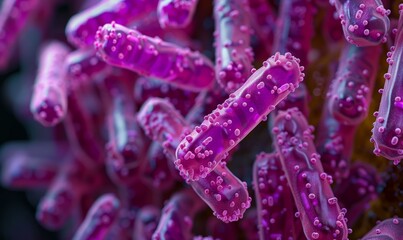 Close up view of purple rod shaped bacteria or microbes. Macro illustration for microbiology or medical research concept presentation.