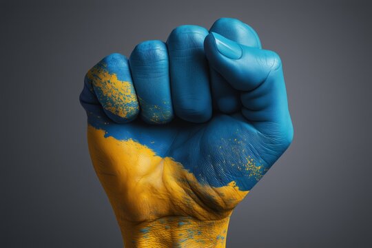 Strength and resilience are symbolized by a hand painted in Ukrainian flag colors of blue and yellow against a gray background. - Powered by Adobe