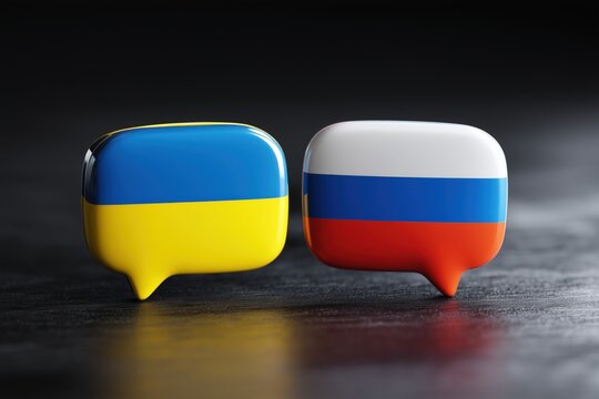 Ukraine Russia dialogue concept depicted with speech bubbles against a dark backdrop, showing political discussions and international relations