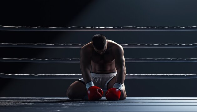 Tired Boxer Takes A Break On Boxing Ring With Black Background In Horizontal Photo. Portrait Of Exhausted Fighter Resting.