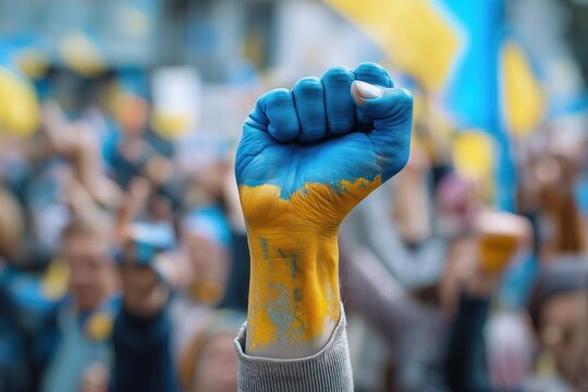Empowered Ukrainian protester raises a fist painted with the nation's flag, symbolizing strength and resilience against conflict. - Powered by Adobe