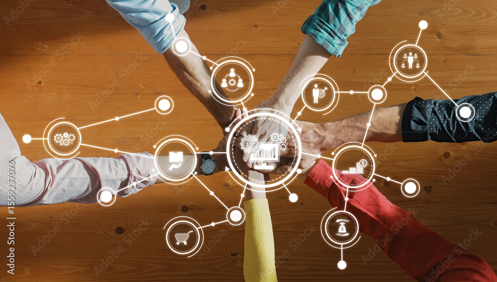 Poster collaborative teamwork on an erp solution with hands and icons representing digital connectivity and