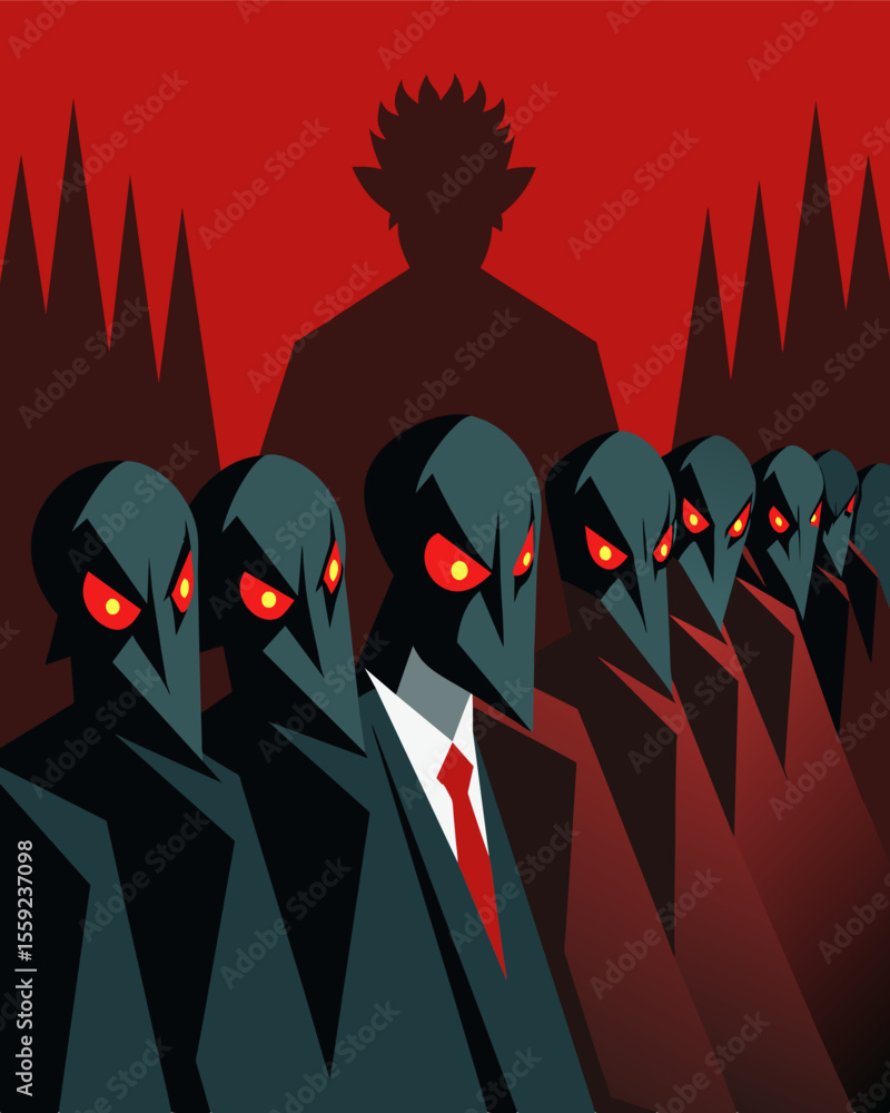 Poster rows of dark intimidating shadows stand in formation representing a chorus of relentless criticism a