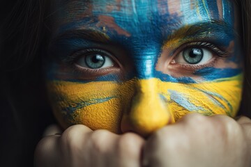 Close up depicts woman with Ukrainian flag colors painted on her face conveying solidarity and national identity