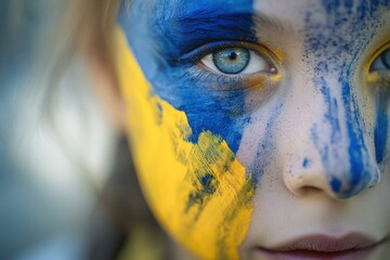 Young face painted in the colors of the Ukrainian flag embodies strength and hope for the country's future.
