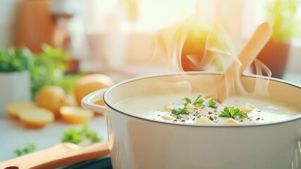 Stirring hot potato cream soup in a pot in a sunny kitchen. Homemade comfort food concept. Footage for a cooking blog, recipe video or a cozy lifestyle channel