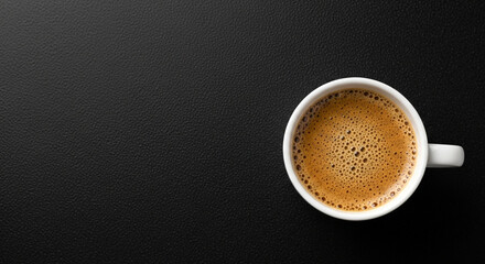 Top View of White Coffee Cup with Foam on Dark Black Background