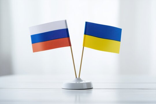 Ukraine and Russia flags are together on a table, representing international relations and political negotiations for peace - Powered by Adobe