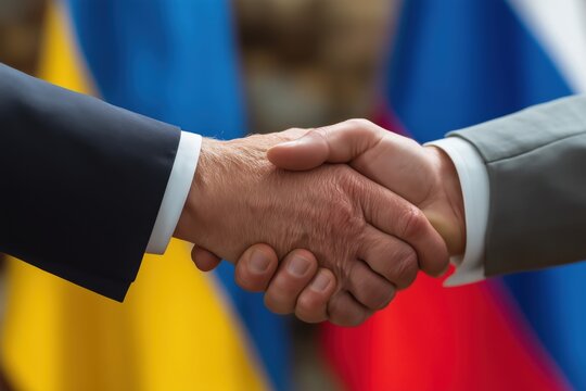 Business handshake demonstrates agreement and partnership with Ukraine and Russia flags symbolizing international accord.