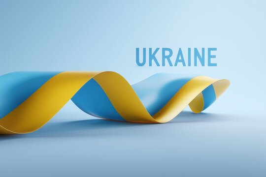 Elegant flowing ribbon design in the colors of the Ukraine flag creates a powerful visual symbol against a light blue background.