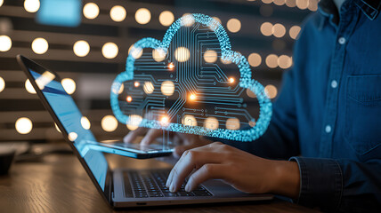 Person typing on laptop with digital cloud isolated on a transparent background technology