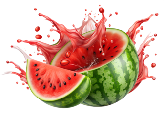 A juicy watermelon half and a slice are surrounded by a splash of red juice, isolated on transparent background