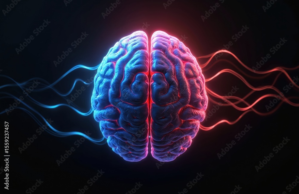 Poster anatomical brain emitting waves of colored lines against black background. conceptual illustration o