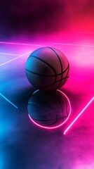 Fototapeta premium A neon basketball is on a beach with neon lights surrounding it. The ball is the main focus of the image, and the neon lights create a vibrant and energetic atmosphere