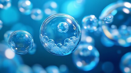 Close-up of an artificial cell or futuristic human cell, viewed from above, with a blue color background