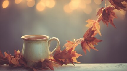 Maple leaf garland draped over a steaming cinnamon tea mug, capturing the cozy transition of autumn mornings.