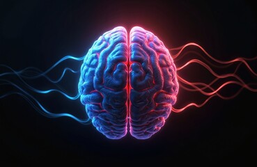 Anatomical brain emitting waves of colored lines against black background. Conceptual illustration of human brain function. Creative concept of intelligence neural network, memory, artificial