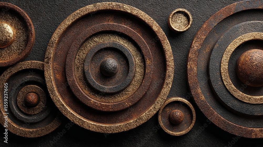 Poster gold, copper, and black concentric circles with textured grooves creating a metallic abstract patter