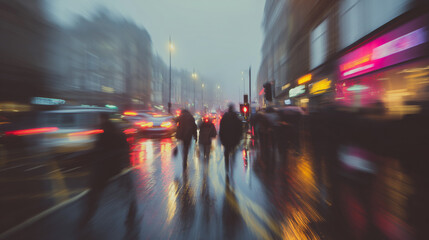 Blurred pedestrians and traffic on rainy urban street | City lights reflecting on wet pavement | Motion blur effect | Atmospheric scene ideal for urban lifestyle, commuting, background