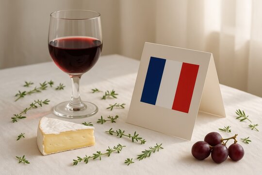 Bastille Day celebration setup with wine, cheese, and tilted French flag card
