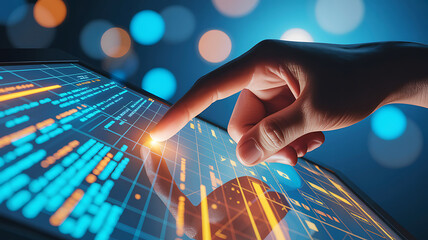 Human finger touching glowing digital data isolated on a transparent background image