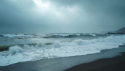 Stormy sea waves crash shore. Powerful ocean waves, white foam, gray clouds. Turbulent water, spray, rolling shore. Dramatic coastal nature, aquatic, weather. Forceful, windswept sea, horizon.