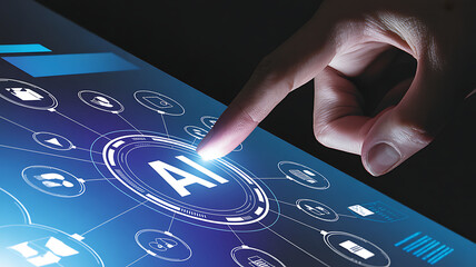 Human finger touching glowing blue artificial intelligence interface isolated on a transparent background