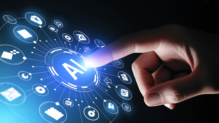 Human finger touching glowing artificial intelligence interface isolated on a transparent background