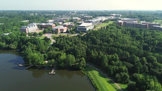 Aerial shot of Lake Raleigh and NC State Centennial campus in Raleigh