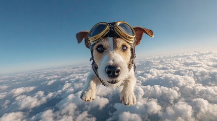 Funny dog wearing vintage aviator goggles flying above clouds in sky with wide angle view and blue horizon