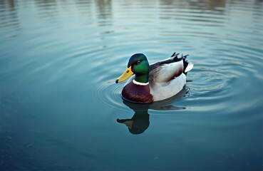 Mallard duck swims on calm water surface. Anas platyrhynchos floats on lake reflecting in blue water. Bird enjoys peace. Duck green head, yellow beak, brown chest. Nature eco theme, environment