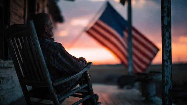 Man on porch at sunset with flag. Nostalgic solitude with rural charm. Small town values, simple living, American pride. Independence Day. Fourth of July.