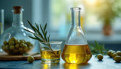 Olive oil extraction process in a lab setting. Glass flasks, green olives, olive branch. Healthy food, natural product, used in cosmetics, cooking. Research, industry, food tech.