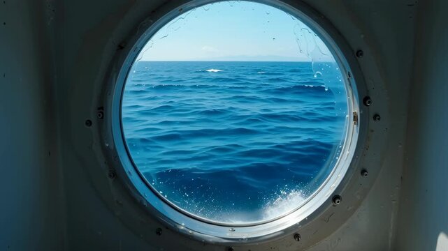  A view of the ocean through a small window on a boat