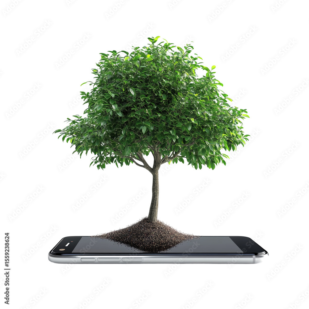 Poster a small tree grows from soil on a smartphone screen showcasing nature and technology together