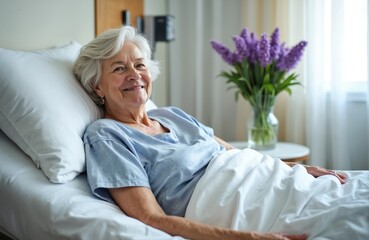 Happy senior woman smiles, lying in hospital bed. Beautiful elderly patient rests in clinic ward. Purple flowers in vase, medical care, nursing home health treatment.