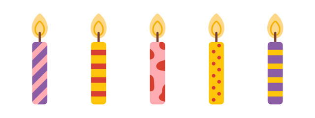 Vector flat illustration of birthday candlelights set. Collection of cheerful burning candles with cute details. Isolated candles for celebration clipart or festive party use.