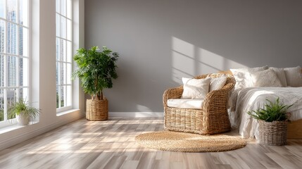 Bright and serene bedroom featuring wooden furniture, white bedding, and a tranquil ambiance enhanced by sunlight through large windows