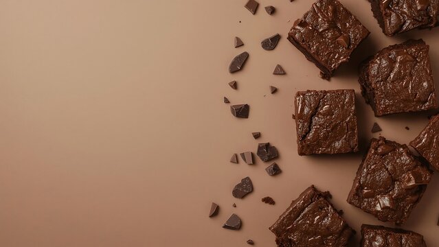 Deliciously rich chocolate brownies scattered with dark chocolate chunks on a smooth taupe background top down view