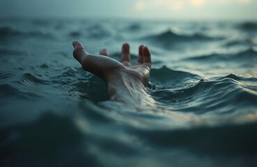 Hand reaching out of water depicts struggle. Person drowning in ocean or lake, seeking help. Desperate attempt to survive. Crisis situation, concept about danger, risk, emergency, rescue.