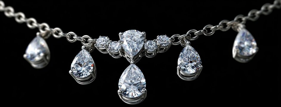 Stunning white gold necklace with a large teardrop diamond and smaller diamonds, showcased beautifully against a dark backdrop