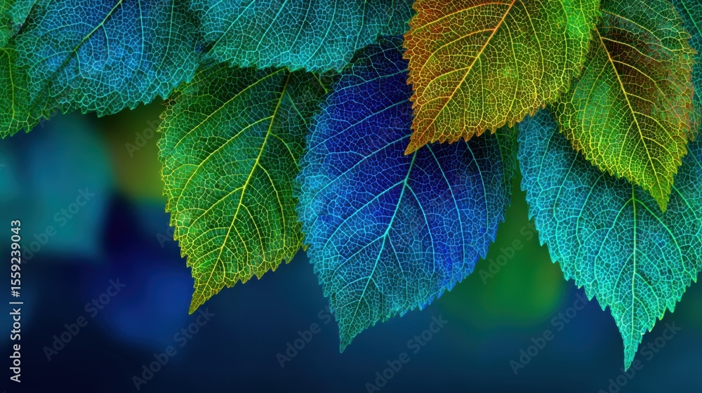 Poster close-up view of colorful leaves displaying intricate veins and textures against a gradient backgrou