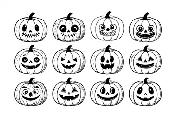 Halloween Pumpkin outline  Set with Spooky Faces and Festive Decorations