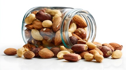A variety of mixed nuts spilling out of a glass jar, showcasing a delightful assortment of flavors and textures